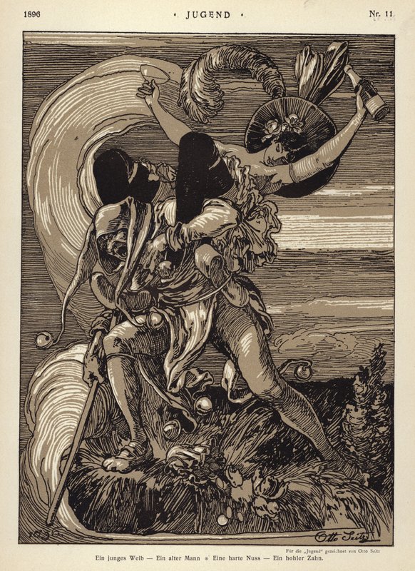 Egy fiatal nő - egy öregember - egy kemény dió - egy üreges fog (litho) alkotó: Otto Seitz