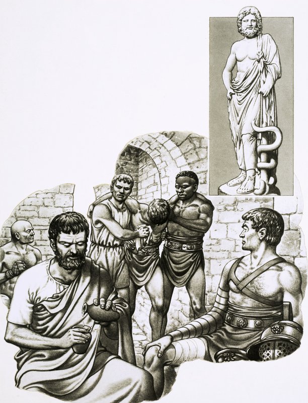 Egy orvos a gladiátorjátékokon összefoltozza a túlélőket. alkotó: Pat (1907-95) Nicolle