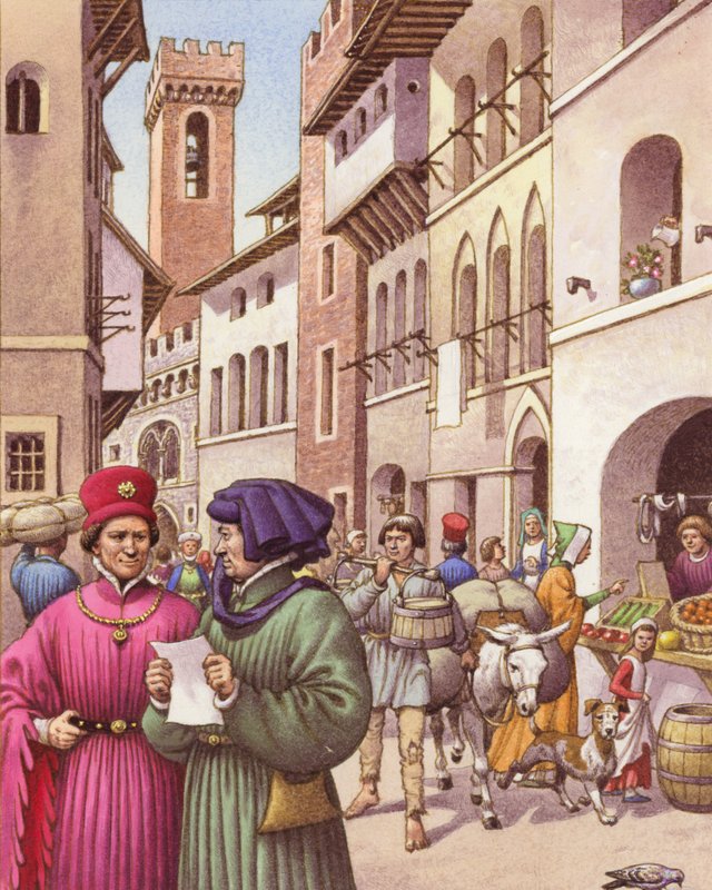 Egy tipikus firenzei utcakép a 15. század elején (gouache, papír) alkotó: Pat (1907-95) Nicolle