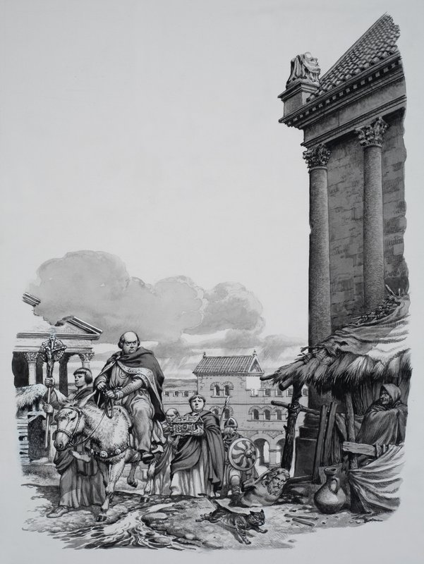 Mellitus püspök (624) megérkezik Londonba (gouache, papír) alkotó: Pat (1907-95) Nicolle