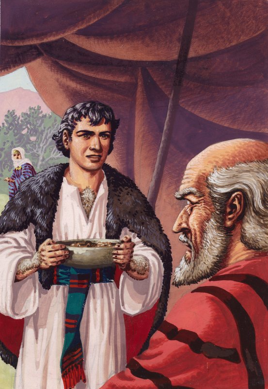 Jákob álruhában, amint forró szarvashúst hoz apjának, Izsáknak (gouache, papír). alkotó: Pat (1907-95) Nicolle