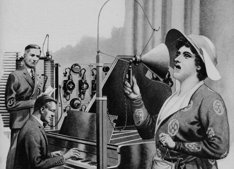 Nellie Melba fellépése a rádióban (litográfia) alkotó: Pat (1907 95) Nicolle