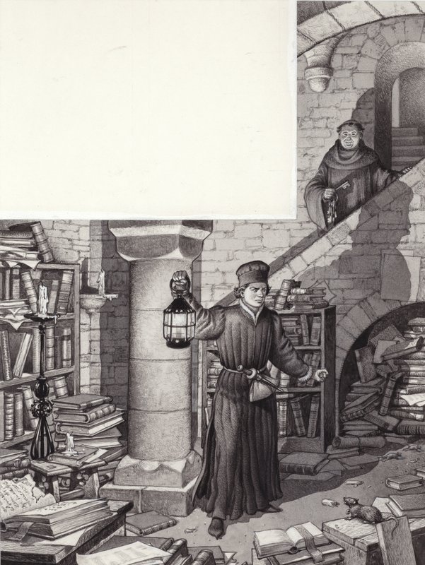 Poggio Bracciolini a szentgalleni kolostor elhanyagolt könyvtárában (gouache, papír) alkotó: Pat (1907-95) Nicolle