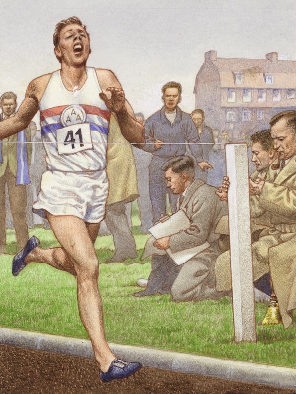 Roger Bannister futja az első négyperces mérföldet (gouache, papír) alkotó: Pat (1907-95) Nicolle