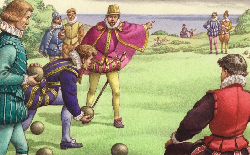 Sir Francis Drake bowlingozik a spanyol armada érkezése előtt (gouache, papír) alkotó: Pat (1907-95) Nicolle