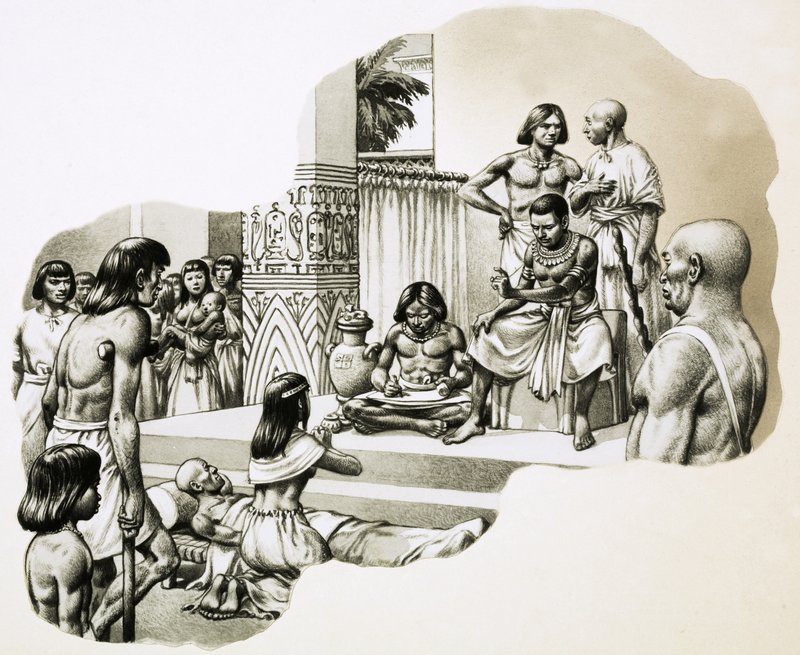 A "jó orvos" Imhotep tanácsot ad egy beteg embernek alkotó: Pat (1907 95) Nicolle