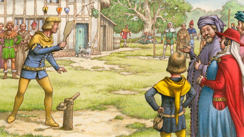 Trap-ball, ahogy Chaucer zarándokai nézhették (gouache, papír) alkotó: Pat (1907-95) Nicolle