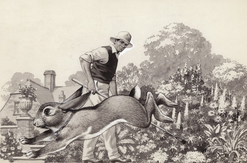 Egy nyúl szaladgál a kertben macskanyakörvben (gouache, papír) alkotó: Pat (1907 95) Nicolle