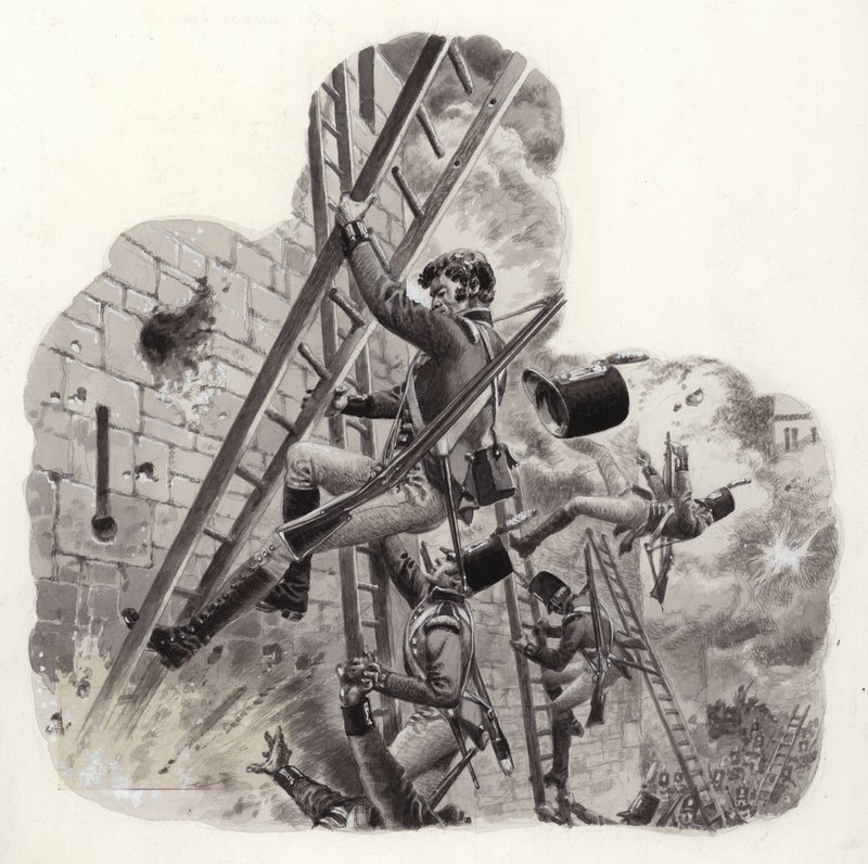 Brit katonák a franciák tüze alatt a Badajoz elleni támadás során (gouache, papír) alkotó: Pat (1907 95) Nicolle