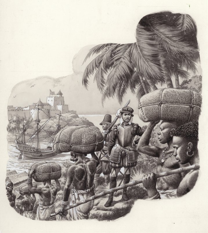 Európai kereskedők által épített kastély Nyugat-Afrikában (gouache, papír) alkotó: Pat (1907 95) Nicolle