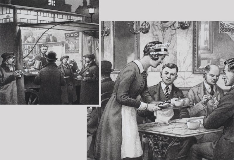 Edwardian Coffee Stall and Teashop (gouache, papír) alkotó: Pat (1907 95) Nicolle