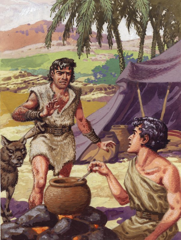 Ézsau ételt kér testvérétől, Jákobtól (gouache, papír) alkotó: Pat (1907 95) Nicolle