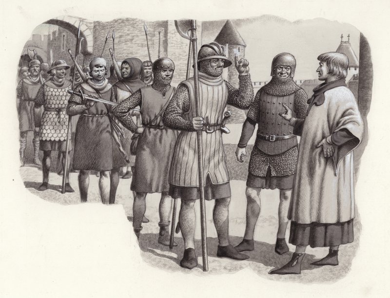 Gyalogosok a 14. századból (gouache, papír) alkotó: Pat (1907 95) Nicolle