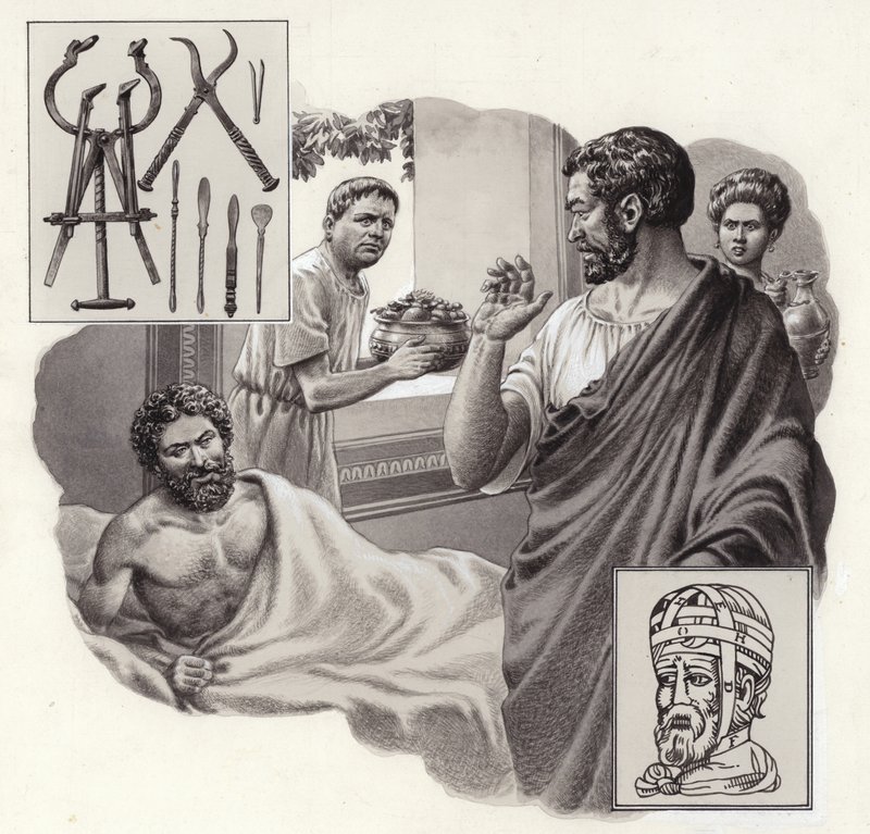Galénosz orvos az életét kockáztatva közli a római császárral, hogy túl sokat evett (gouache, papír). alkotó: Pat (1907 95) Nicolle