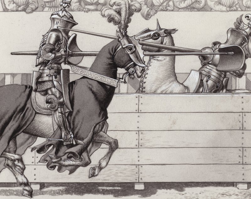 Jousting knights (gouache on paper) alkotó: Pat (1907 95) Nicolle