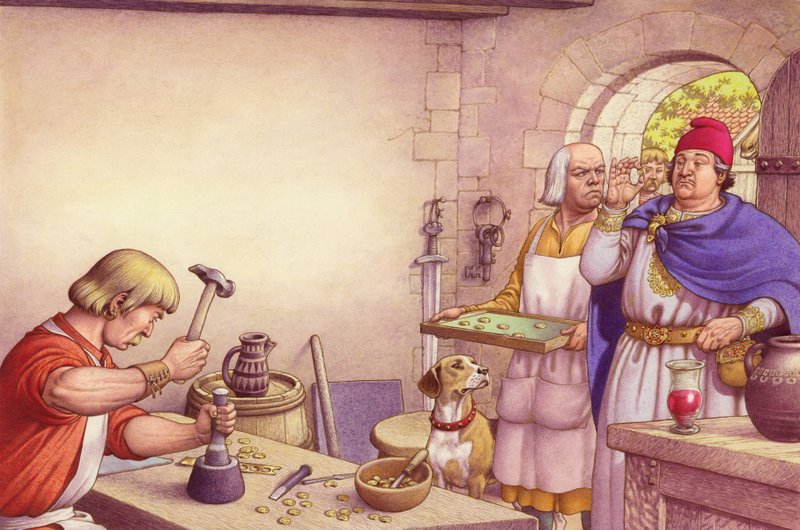 Offa király a merciai királyi pénzverdében készült érméket vizsgálja (gouache, papír) alkotó: Pat (1907-95) Nicolle