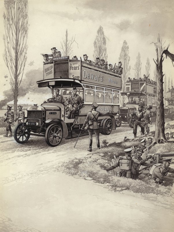 Londoni buszok, amelyekkel az első világháború alatt a frontra szállították a katonákat (gouache, papír) alkotó: Pat (1907 95) Nicolle