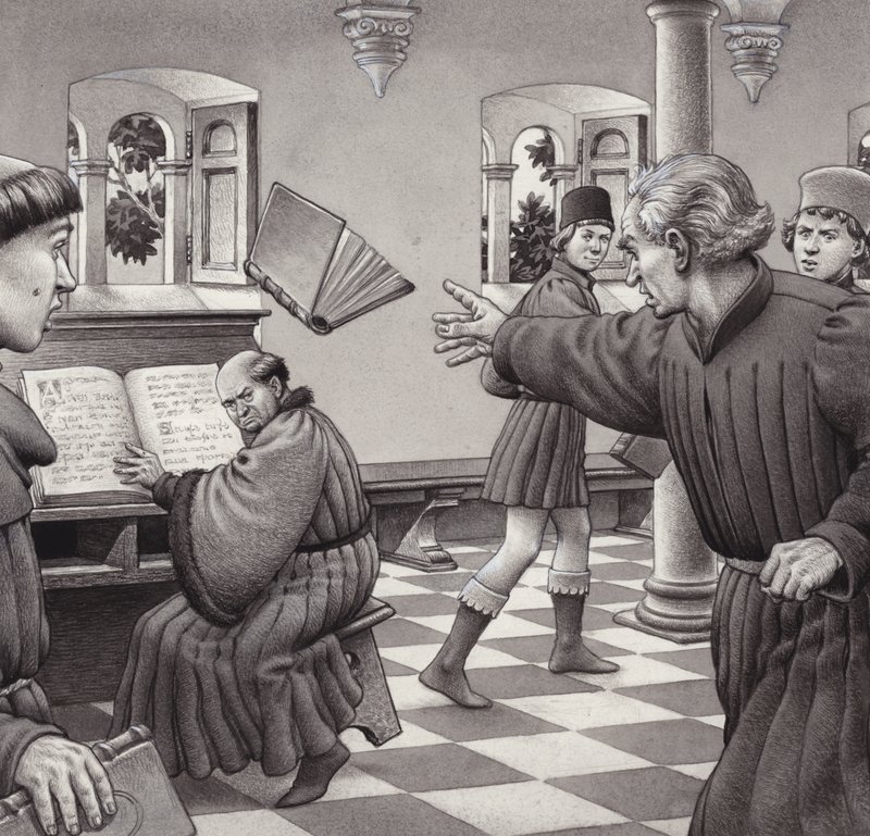 Poggio Bracciolini egy könyvet dob egy tudóstársának, Tortelli (gouache, papír) alkotó: Pat (1907 95) Nicolle