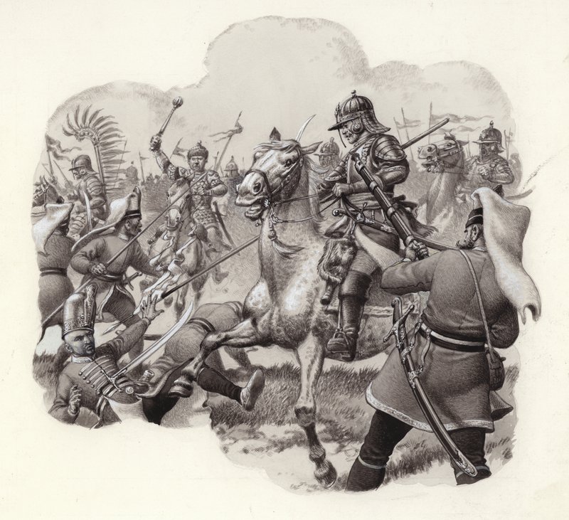 Lengyel lovasság csatája török janicsárezredekkel Bécsnél 1683-ban (gouache, papír) alkotó: Pat (1907 95) Nicolle
