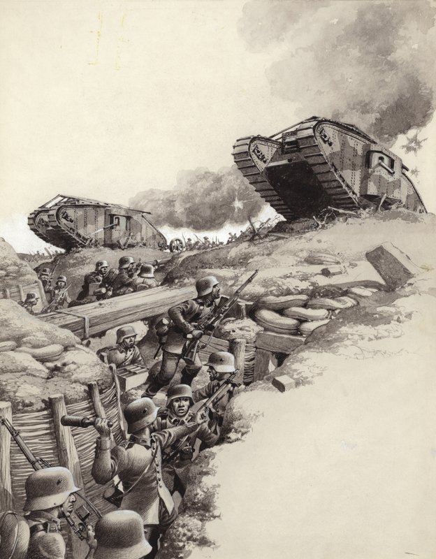 Tankok gördülnek a német lövészárkok fölé a Nagy Háborúban (gouache, papír) alkotó: Pat (1907 95) Nicolle