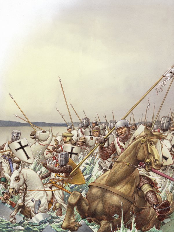 Teuton lovagok átesnek a befagyott Peipus-tó jegén (gouache, papír) alkotó: Pat (1907 95) Nicolle
