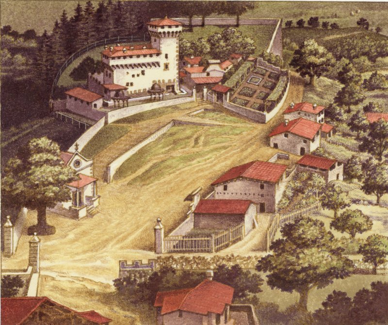 A Medici család erődített villája Trebbióban (gouache, papír) alkotó: Pat (1907 95) Nicolle