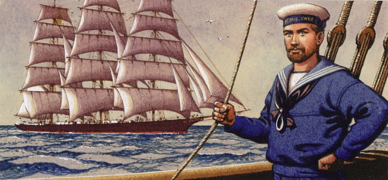 Jól öltözött matróz és egy négyszögletes vitorlás hajó (gouache, papír) alkotó: Pat (1907 95) Nicolle