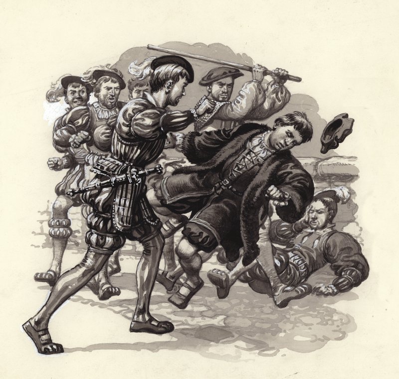 William Herbert megtámad egy ártatlan járókelőt Bristolban (gouache, papír) alkotó: Pat (1907 95) Nicolle