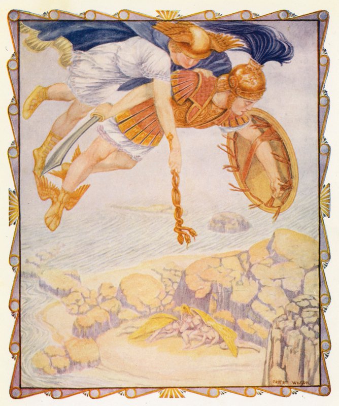 Perseus látja a gorgókat (színes litográfia) alkotó: Patten (after) Wilson