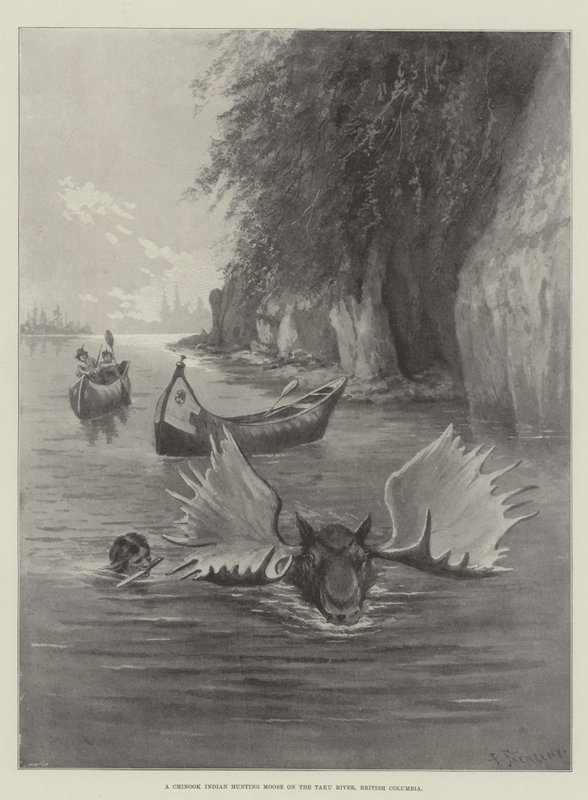 Egy chinook indián jávorszarvasra vadászik a Taku folyón, British Columbia alkotó: Paul Frenzeny
