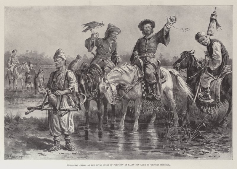 Mongol főnökök a királyi sólyomvadászaton a Dalay Nov tónál, Nyugat-Mongóliában alkotó: Paul Frenzeny
