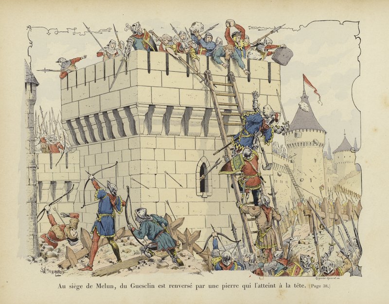Bertrand du Guesclin, akit egy kővel fejbe vágtak Melun ostromakor, 1359. alkotó: Paul de Semant