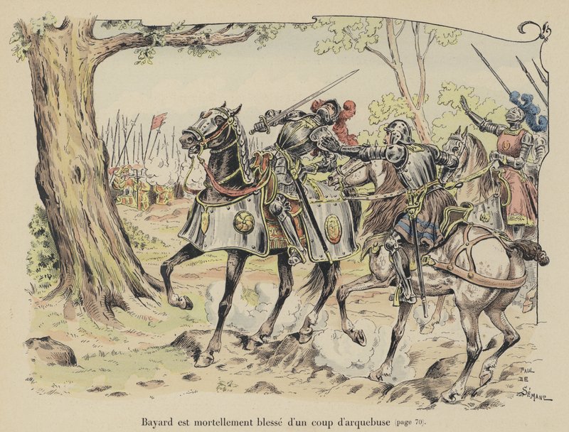 A Chevalier de Bayard halálosan megsebesült egy arquebus-labda által a Sesia-i csatában, Olaszország, 1524 alkotó: Paul de Semant