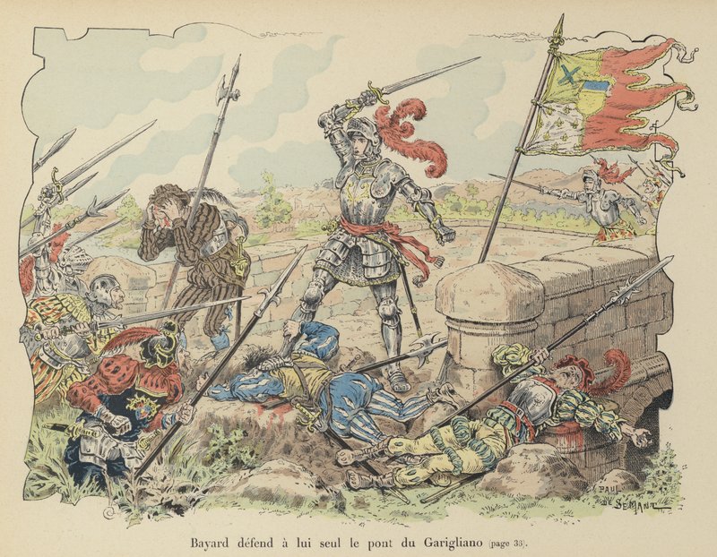 A Chevalier de Bayard egyedül védi a Garigliano hidat a spanyolok ellen, Olaszország, 1503 alkotó: Paul de Semant