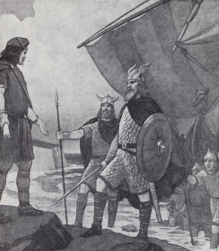 Hengist és Horsa testvérek Ebbsfleetbe, Thanet szigetére (Kent állam) érkeznek az anglok, szászok és juták 5. századi inváziója során (litho) alkotó: Paul (after) Hardy