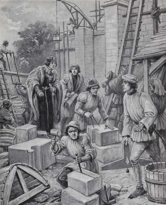 VI. Henrik király az általa 1440-ben alapított Eton College épületét felügyelő (litho) alkotó: Paul (after) Hardy