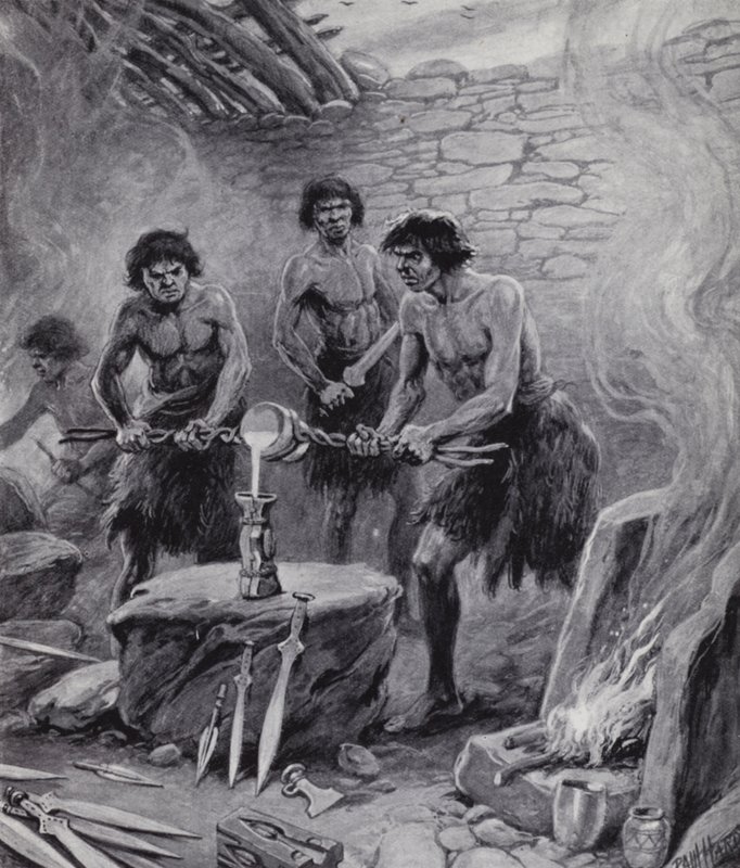Öntödében dolgozó férfiak a bronzkorban (litho) alkotó: Paul (after) Hardy