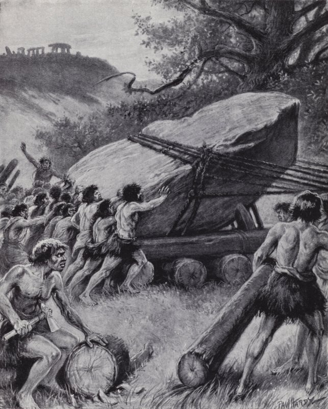 Paleolit emberek egy óriási kőlapot mozgatnak kerekeken (litho) alkotó: Paul (after) Hardy