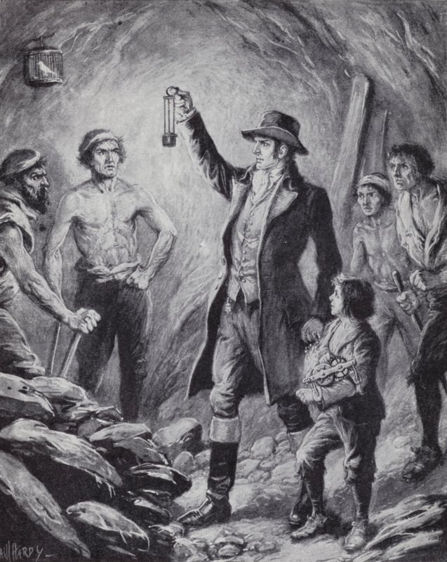 Sir Humphrey Davy és az első bányászok számára készült biztonsági lámpa találmánya alkotó: Paul (after) Hardy