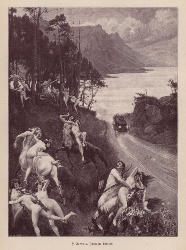 Autótól megrémült szatírok és nimfák (metszet) alkotó: Paul Jean Gervais