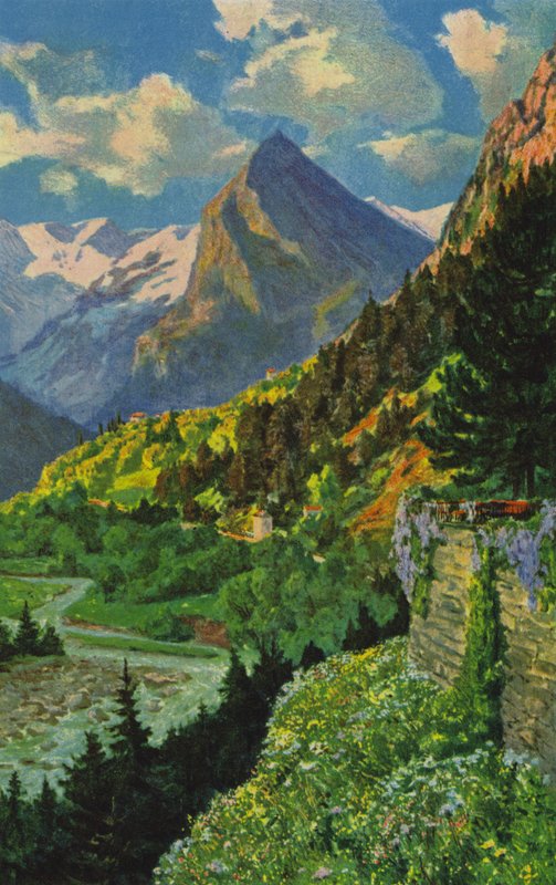 Svájci gyógyfürdők: Acquarossa, kilátás a Blenio-völgyre (színes litho) alkotó: Paul Kutscha