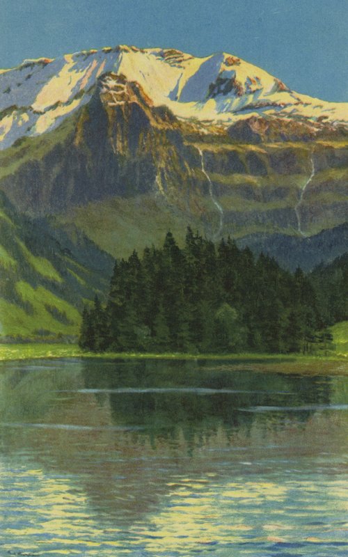 Svájci gyógyfürdők: Lenk i S, Lenk-tó és Wildstrubel (színes litho) alkotó: Paul Kutscha