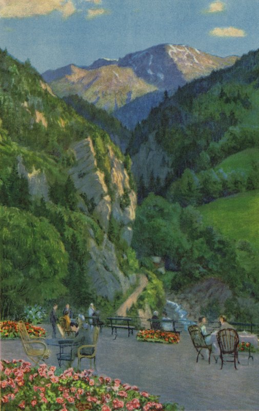 Svájci gyógyfürdők: Passugg, Kurhaus Garden Terrace (színes litho) alkotó: Paul Kutscha