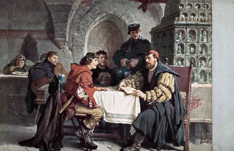 Luther Márton diákjaival beszélget a jénai Gasthof der Barenben, Németországban, 1522. március alkotó: Friedrich Paul Thumann