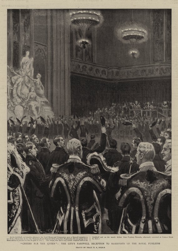 Éljen a királynő, a város búcsúfogadása a Királyi Lövészdandár tartalékosainak alkotó: Percy F.S. Spence