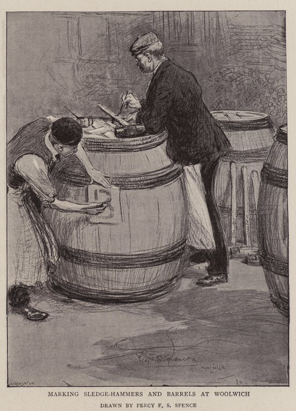 Szánkókalapácsok és hordók jelölése Woolwichban alkotó: Percy F.S. Spence