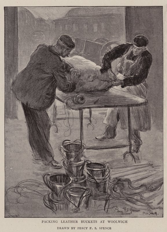 Bőrvödrök csomagolása Woolwichban alkotó: Percy F.S. Spence