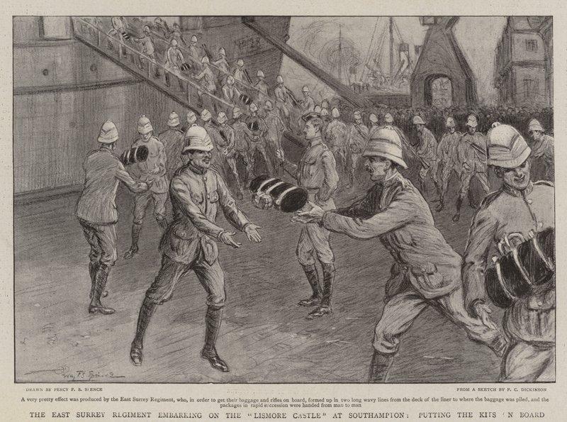Az East Surrey-ezred a Lismore-kastélyba indul Southamptonban, és felveszi a készleteket alkotó: Percy F.S. Spence