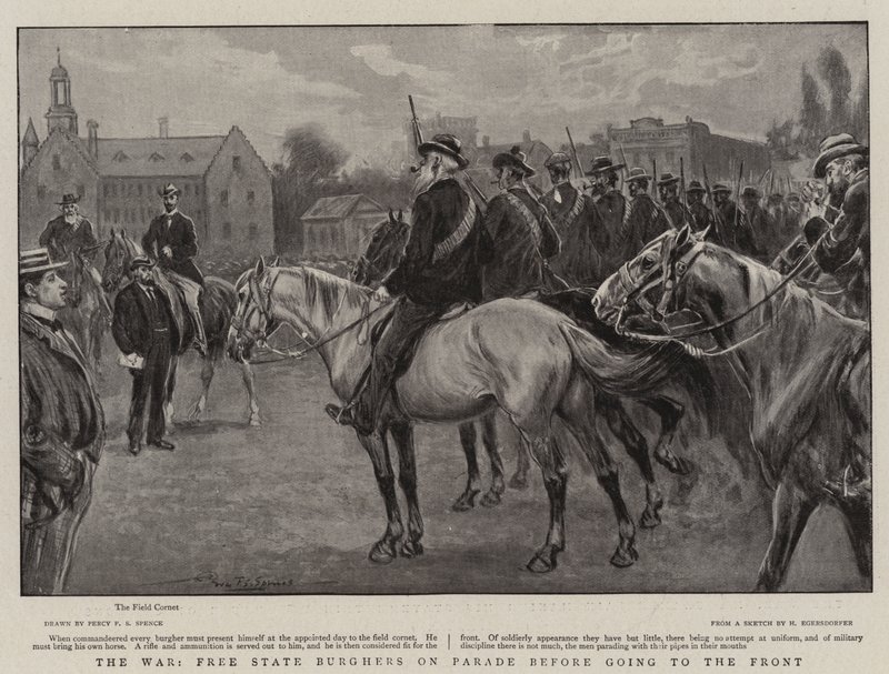 A háború, a Free State Burghers a parádén, mielőtt a frontra menne alkotó: Percy F.S. Spence