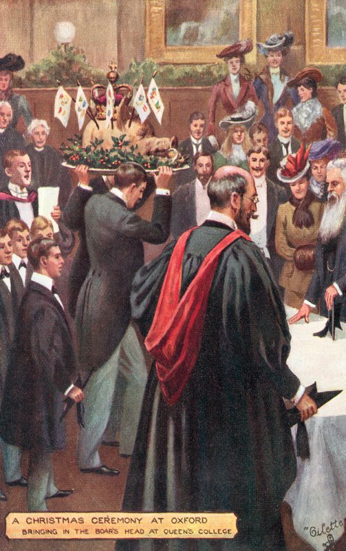 Karácsonyi ünnepség az Oxfordi Egyetemen – a vaddisznók fejének behozása a Queens College-ba alkotó: Percy F.S. after Spence